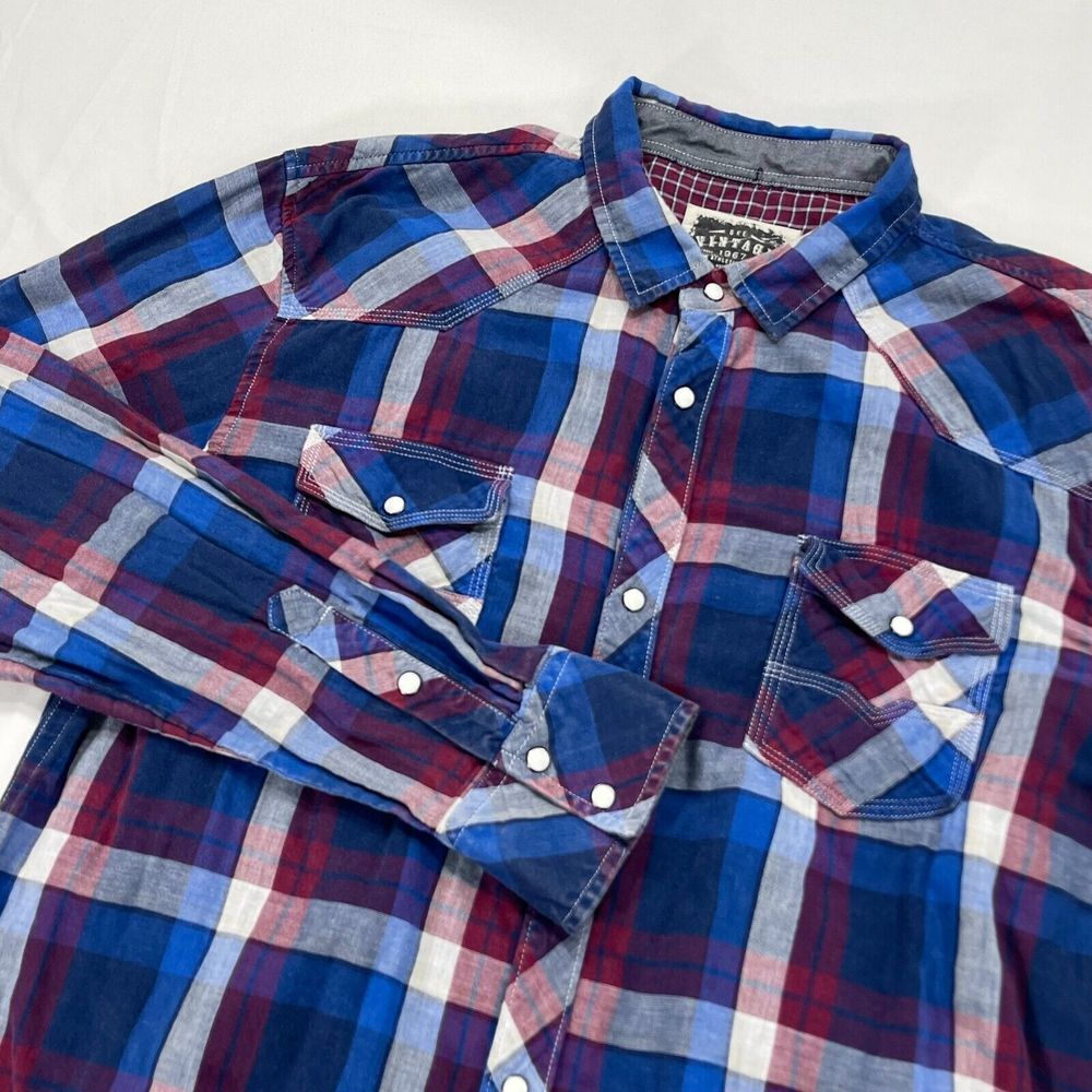 BKE Buckle Vintage‎ Athletic Fit Pearl Snap Shirt Mens Large Blue Plaid Western